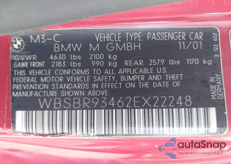 2002 BMW M3 z USA, uszkodzony, nr VIN WBSBR93462EX22248